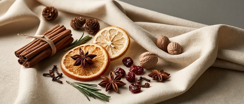 Cozy holiday mood captured through aromatic mulling spices dried citrus, star anise, cinnamon, cloves, nutmeg, cranberries, rosemary, and pinecones arranged on linen. Perfect for seasonal.