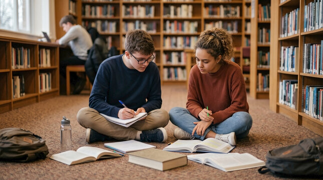 Teenagers library floor session, surrounded by open books and notebooks for academic work. Young male and female students engaged in collaborative research, focused on project