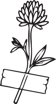 Dried flower stem attached with adhesive tape line art vector icon. Black and white outline element for bullet journals, botanical scrapbooking, and coloring book pages.