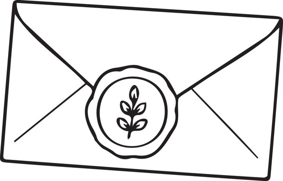 Vintage sealed envelope with wax stamp line art vector icon. Black and white outline element for wedding mail, love letters, postcrossing crafts, and coloring book pages.
