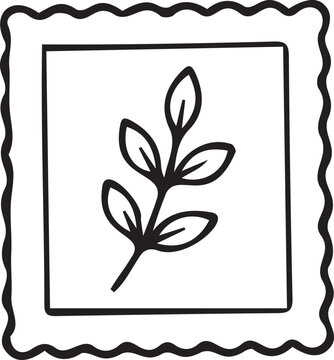 Postage stamp frame with leaf design line art vector icon. Simple black and white outline element for mail, postcrossing, mail art, botanical crafts, and coloring pages.