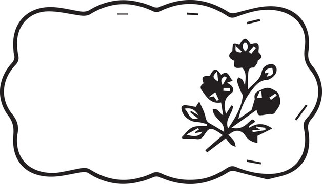 Elegant scalloped frame label with little flowers line art vector icon. Black and white outline border for wedding stationery, vintage crafts, stickers, and coloring.