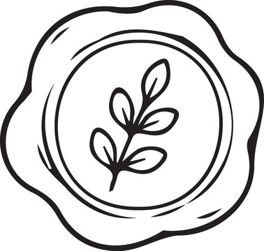 Elegant wax seal with leaf motif line art vector illustration. Black and white outline icon for wedding invitations, letter sealing, botanical crafts, and coloring pages.