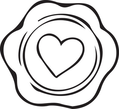 Romantic wax seal with heart motif line art vector icon. Black and white outline design element for love letters, wedding stationery, craft projects, and coloring pages.