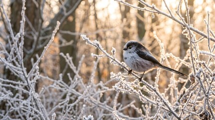 Long-tailed tit bird perched on a frost covered branch in a cold winter forest landscape. © abuhasnat