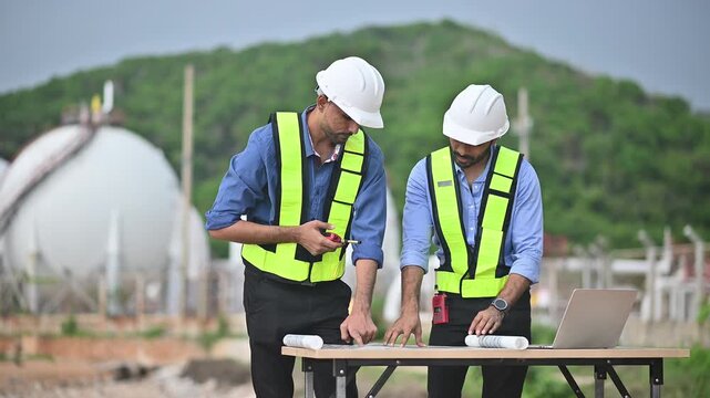 Engineers wearing safety gear, including hard hats examining survey a large blueprint tablet standing industrial facility gas or oil refinery engaged in a job requires high safety standards concept.	