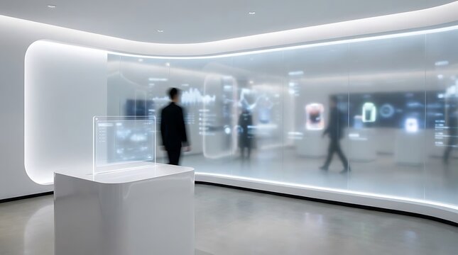 Futuristic glass touch screen interface displays digital data inside a sleek modern minimalist corporate office space