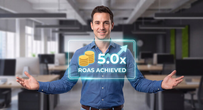 campaign manager presents glowing return on ad spend interface to confirm roas achieved, verify revenue generated, and manage budget allocation
