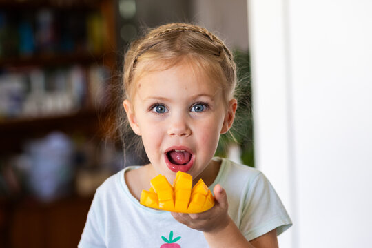 Little Australian girl eating a freshly cut mango fruit in kitchen at home