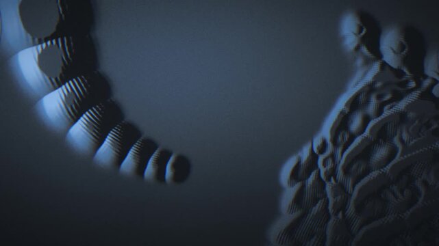 Seamless 3d loop animation of rippling abstract forms and spheres in a glitchy scanline vhs aesthetic with chromatic fringing and soft blur.