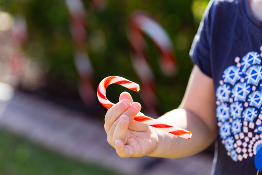 little girl eating red and white striped candy cane at Christmas outdoors