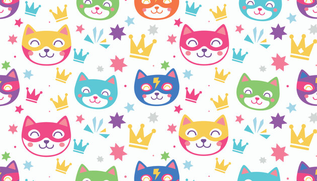 Playful kids seamless pattern of colorful superhero cats wearing masks and golden crowns on a white background.