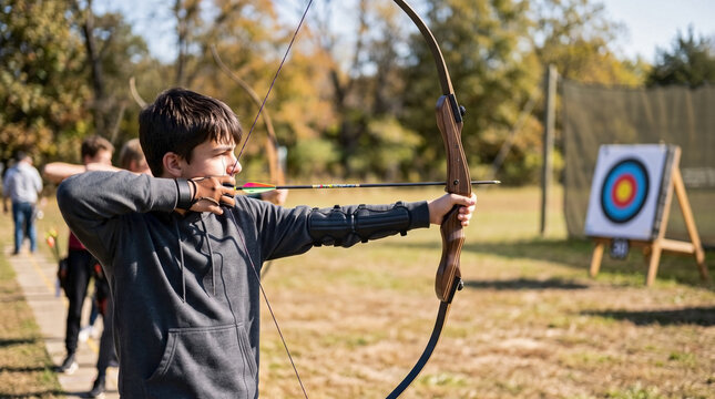 Boy engaged in teens archery target practice, aiming bow at bullseye. Students practice technique during teens archery target practice, developing precision and focus.
