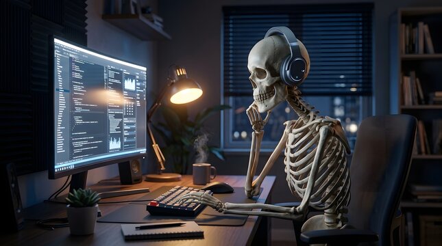 Skeleton programmer working late at night on computer wearing headphones, coding and thinking