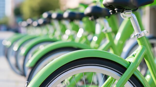 Green city bikes lined up at a docking station in an urban setting, showcasing the wheels and frames with a blurred background of buildings and greenery