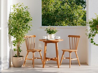 Naklejka premium Compact balcony featuring a small wooden table set for two with chairs, surrounded by greenery and natural light in a serene outdoor setting