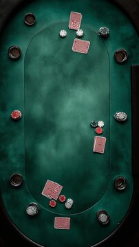 Close-up shot of a green poker table with an overhead view