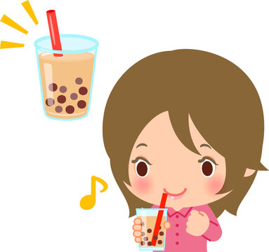 プラスチックカップ入りのタピオカミルクティーを飲む若い女性