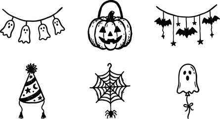 Fototapeta premium Halloween naive illustration set with ghosts pumpkins bats spiderweb and party hat motifs