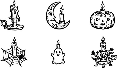 Naklejka premium Halloween candle illustration collection with pumpkin ghost moon and spiderweb motifs