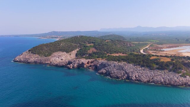 Aerial View of Rocky Coast, Turquoise Sea and Coastal Lagoon at Voidokilia, Greece