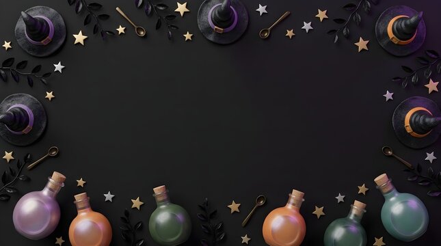 Halloween witch hat and magic potion bottle frame on black background