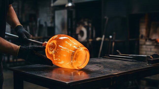 Artisan glassblower shaping a glowing molten hot glass vessel on a workbench in a dark workshop, traditional handcraft skill, industrial furnace background, dramatic lighting.