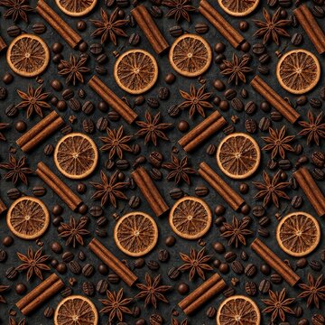 Dark moody winter spices seamless pattern, premium culinary holiday