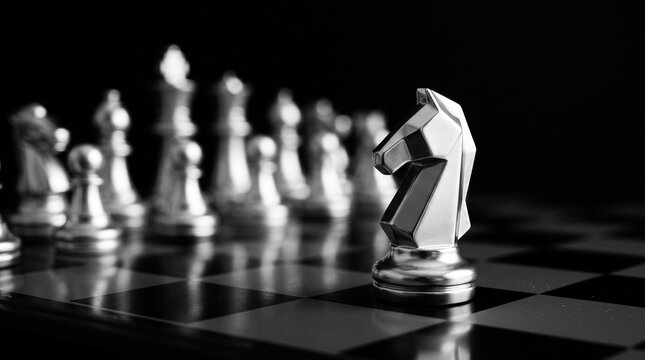 A close-up, black and white shot of a silver chess knight piece standing prominently on a chessboard, facing an array of other chess pieces in the background, symbolizing strategy and challenge.