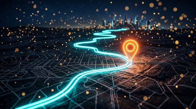 Digital map with glowing path leading to a location pin in a futuristic city.