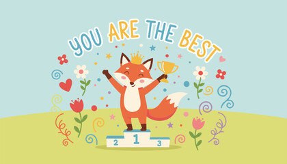Fototapeta premium Cute little winner fox holding a gold trophy on a podium with you are the best text on a pastel green background.