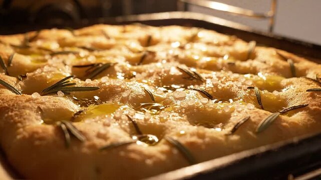 Fresh focaccia bread with rosemary and sea salt bakes inside a hot professional oven for a culinary or bakery commercial concept.
