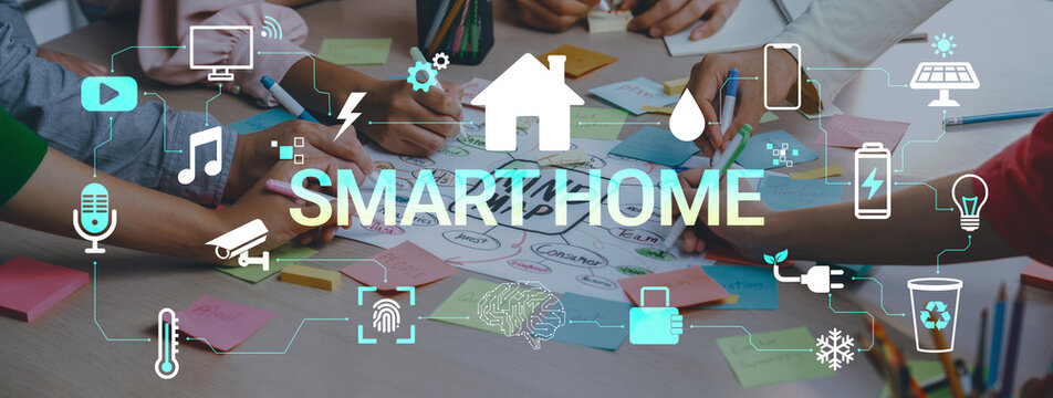 Creative Collaboration on Smart Home Concepts with Colorful Sticky Notes and Technology Icons in a Modern Workspace Setting Haptic.