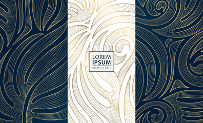 Naklejka premium Luxury floral pattern with elegant golden line leaves, flowers, and modern art deco ornaments, Japanese design. Packaging, tea and coffee labels, perfume and beauty branding, wallpaper, cards, invitat