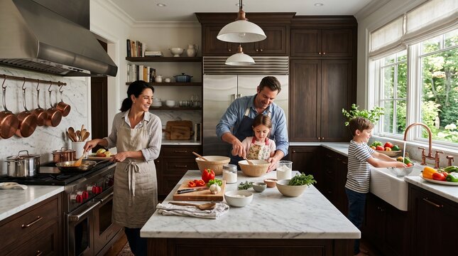 Happy family cooking together in a modern luxury kitchen