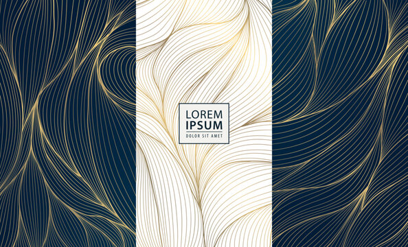 Luxury floral pattern with elegant golden line leaves, flowers, and modern art deco ornaments, Japanese design. Packaging, tea and coffee labels, perfume and beauty branding, wallpaper, cards, invitat