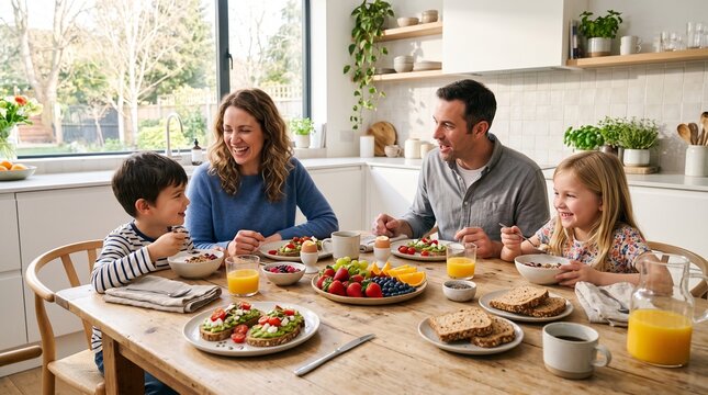 Happy family with two children enjoying a healthy breakfast together in a bright modern kitchen
