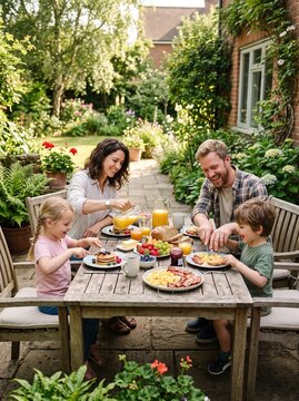 Happy family having breakfast together outdoors in a sunny backyard garden