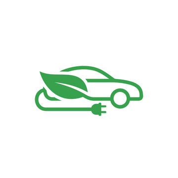Green Electric Car Icon with Leaf and Charging Plug for Eco Friendly Transportation
