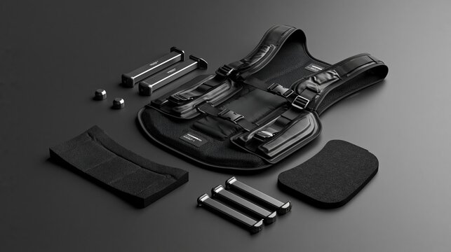 Exploded-view style photograph of a weighted vest disassembled into shell, removable weight bars, and padding foam laid out on a dark surface
