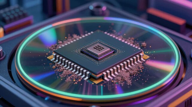 Glowing Processor on a High-Tech Circuit Board