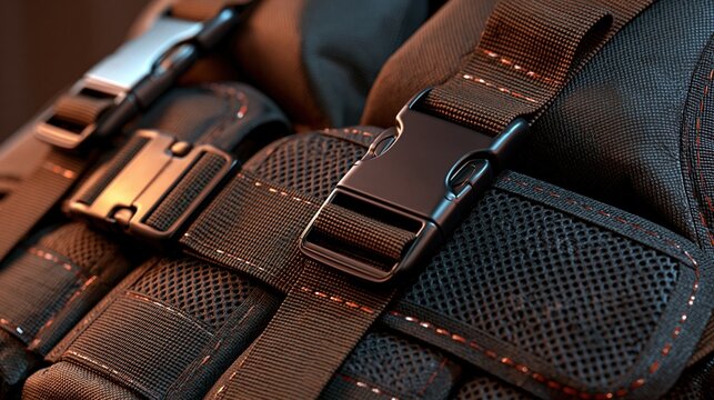 A weighted vest's reflective stitching, breathable mesh panels and adjustable buckle straps in extreme macro detail, dramatic side lighting emphasizing fabric texture and hardware