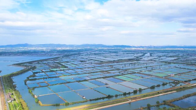 Aerial View of Coastal Aquaculture Ponds Under Blue Cloudy Sky