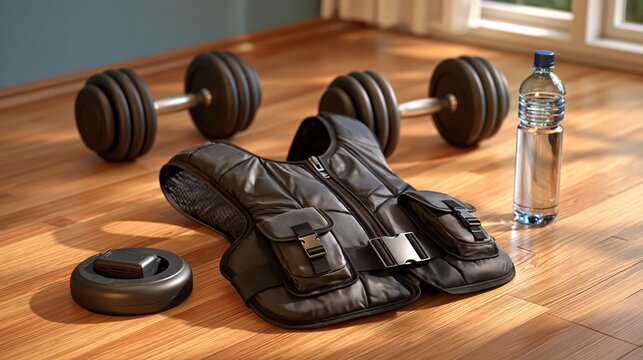 A black adjustable weighted vest laid flat on a wooden gym floor with dumbbells and a water bottle nearby