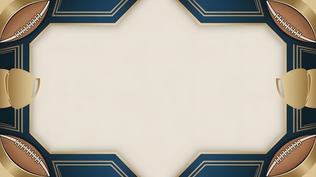 American football championship border featuring elegant golden trophies and classic brown leather balls on blue background