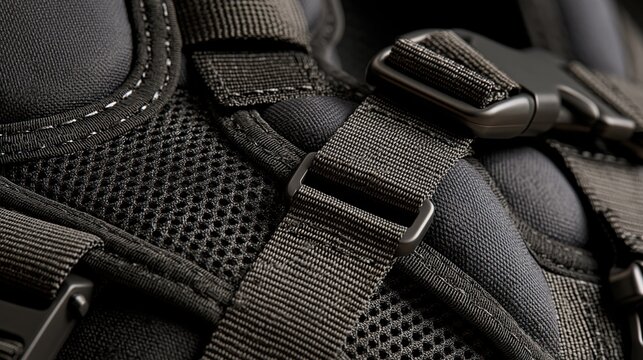 A weighted vest's reflective stitching, breathable mesh panels and adjustable buckle straps in extreme macro detail, dramatic side lighting emphasizing fabric texture and hardware