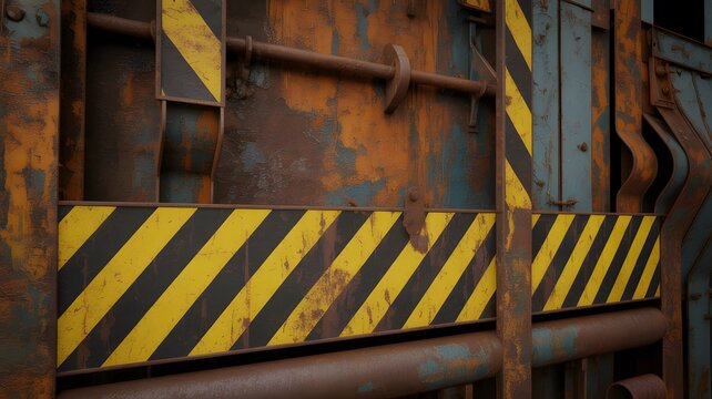 Rusty industrial metal texture showing weathered iron surfaces with bold yellow and black hazard warning stripes