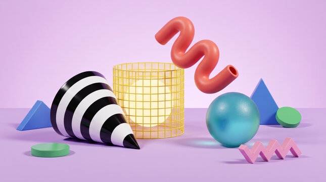 Abstract 3D Memphis Retro Style Background with Playful Shapes