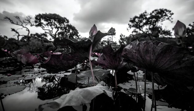Dark lotus pond with lily pads and trees at dusk