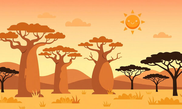 African Baobab Sunset Savanna Cartoon Vector Wallpaper